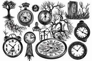 clock with Latin characters combined with a tree, tree trunk to wrap around tattoo idea