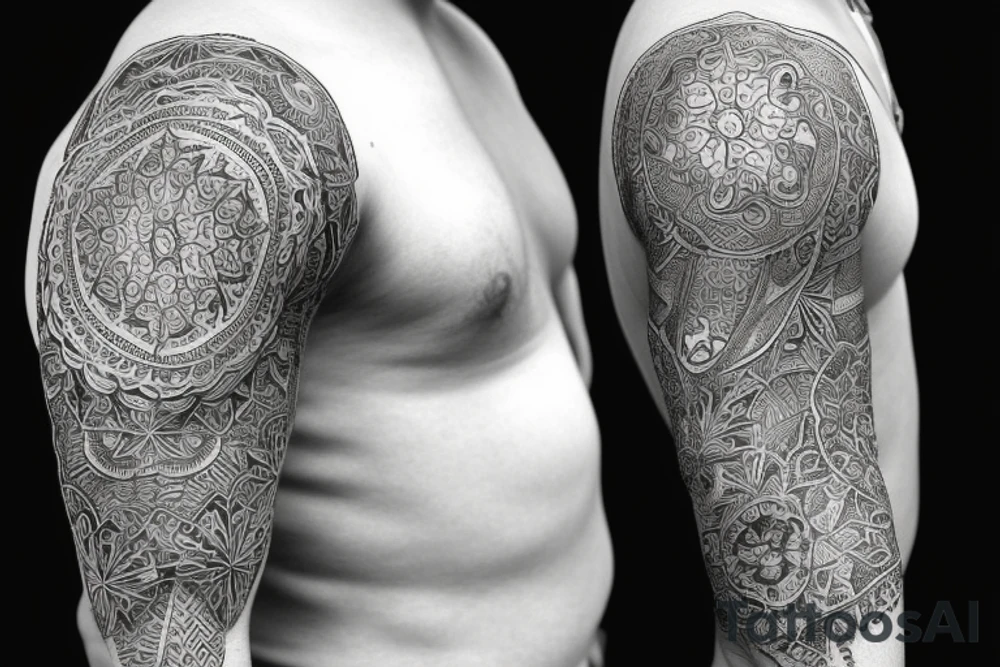 A full sleeve designed in black work. Heavy black areas with a semi-realistic nature and middle eastern styles tattoo idea