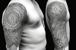A full sleeve designed in black work. Heavy black areas with a semi-realistic nature and middle eastern styles tattoo idea