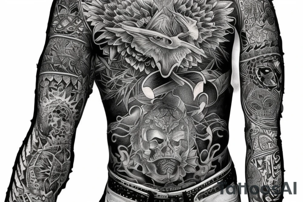 A full sleeve designed in black work. Heavy black areas with a semi-realistic nature and middle eastern styles tattoo idea