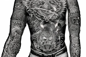 A full sleeve designed in black work. Heavy black areas with a semi-realistic nature and middle eastern styles tattoo idea