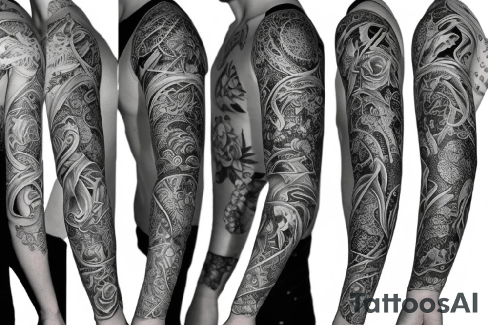 A full sleeve designed in black work. Heavy black areas with a semi-realistic nature and asian styles tattoo idea