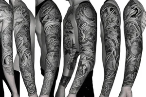A full sleeve designed in black work. Heavy black areas with a semi-realistic nature and asian styles tattoo idea