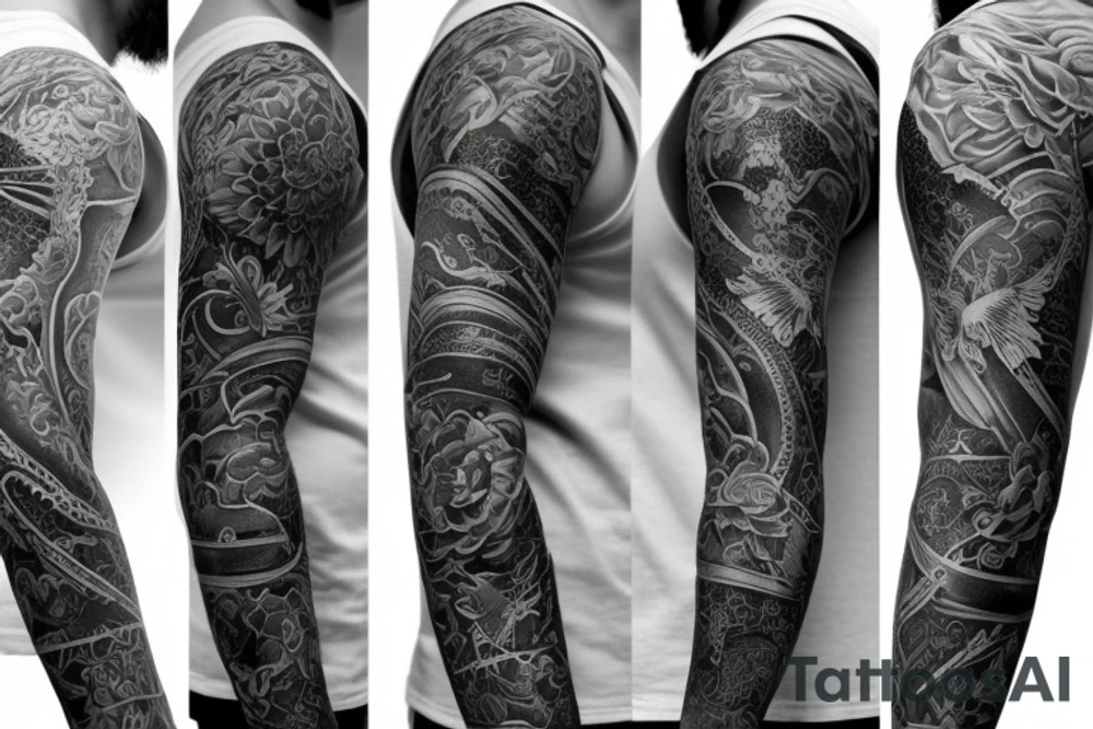 A full sleeve designed in black work. Heavy black areas with a semi-realistic nature and asian styles tattoo idea