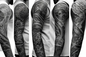 A full sleeve designed in black work. Heavy black areas with a semi-realistic nature and asian styles tattoo idea