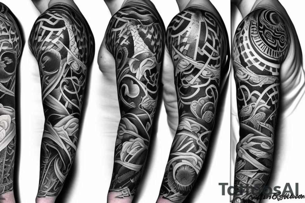 A full sleeve designed in black work. Heavy black areas with a semi-realistic nature and asian styles. Use negative space tattoo idea