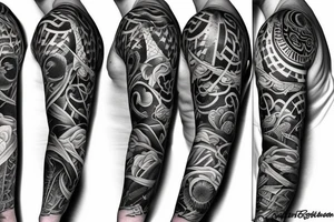 A full sleeve designed in black work. Heavy black areas with a semi-realistic nature and asian styles. Use negative space tattoo idea