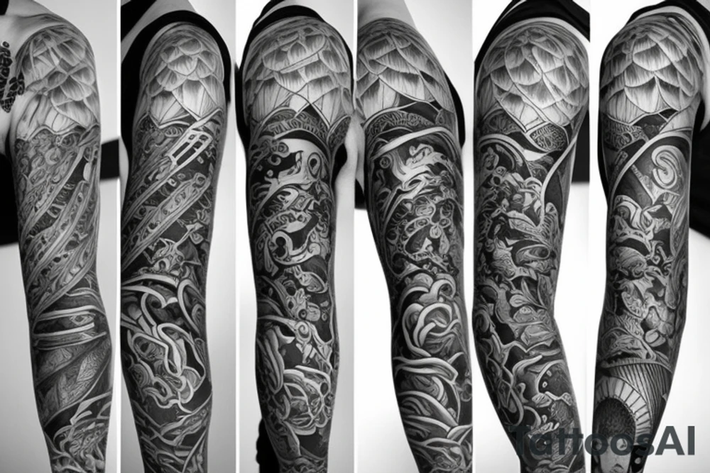 A full sleeve designed in black work. Heavy black areas with a semi-realistic nature and asian styles. Use negative space tattoo idea