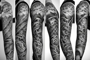 A full sleeve designed in black work. Heavy black areas with a semi-realistic nature and asian styles. Use negative space tattoo idea
