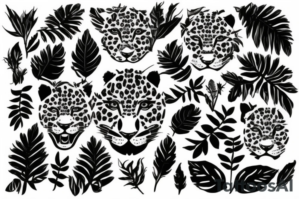 Leopard face surrounded by leaves and flowers tattoo idea
