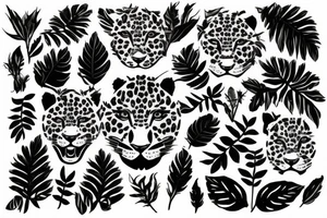 Leopard face surrounded by leaves and flowers tattoo idea