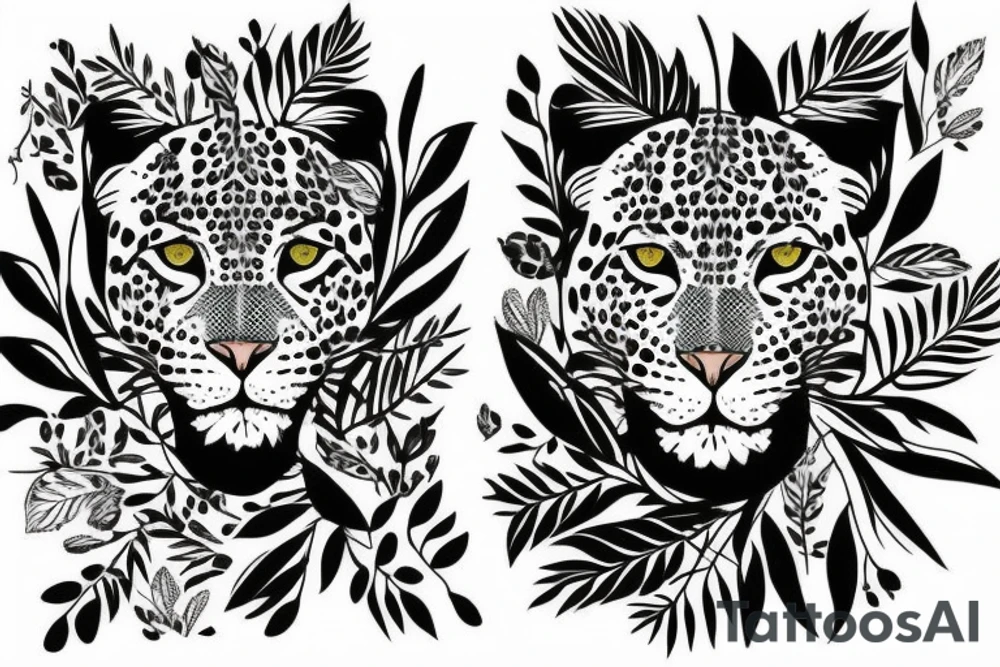 Leopard face surrounded by leaves and flowers tattoo idea
