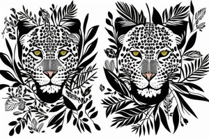 Leopard face surrounded by leaves and flowers tattoo idea
