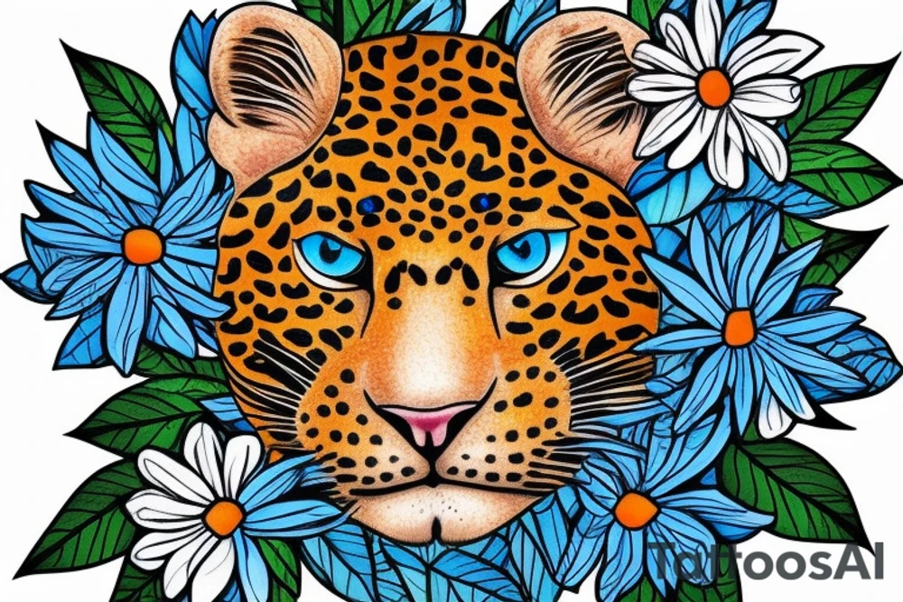 Amur leopard face with blue eyes surrounded by leaves and flowers tattoo idea