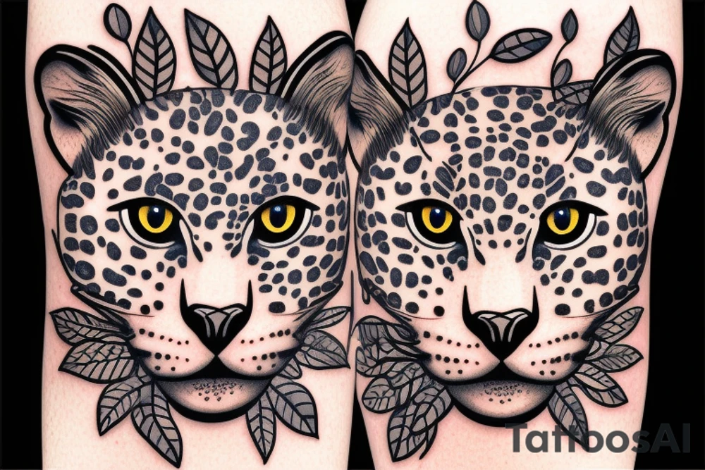Amur leopard face with blue eyes surrounded by leaves and flowers tattoo idea