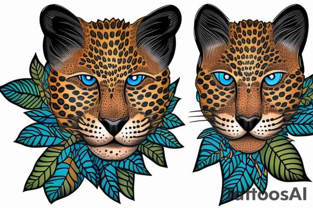 Amur leopard face with blue eyes surrounded by leaves and flowers tattoo idea