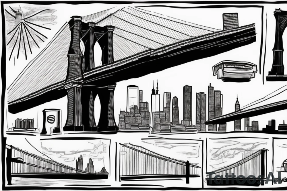 New York City with the Brooklyn bridge transforming into the Mario Cuomo Bridge tattoo idea
