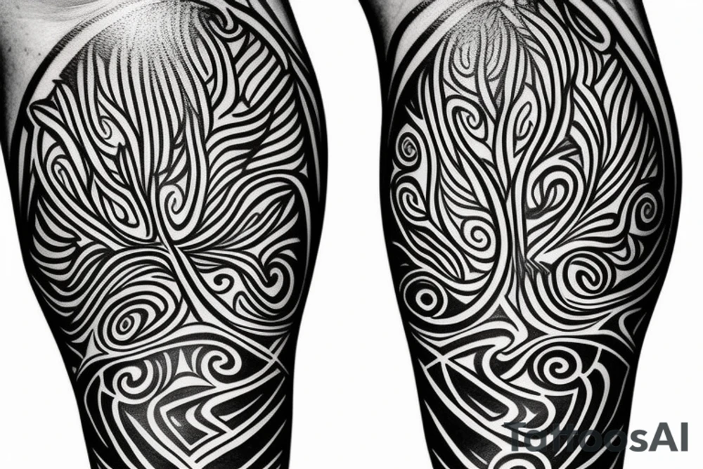 Tribal forearm tattoo that encompasses the sun behind the tree tattoo idea