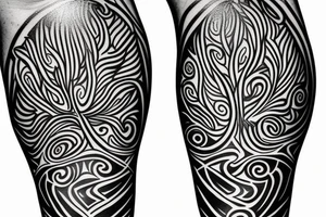 Tribal forearm tattoo that encompasses the sun behind the tree tattoo idea