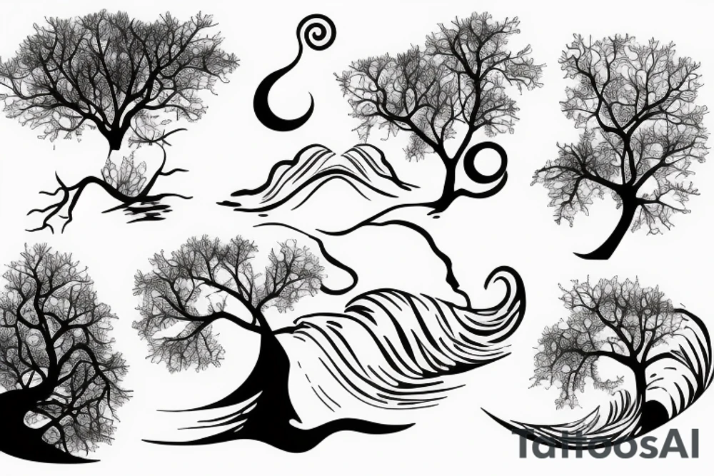 Wave, lighting, tree, sea tattoo idea