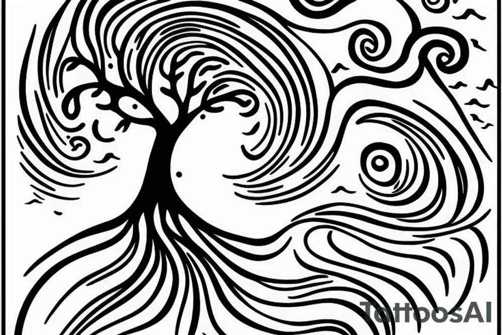 Wave, lighting, tree, sea tattoo idea