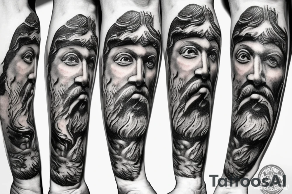 A statue of Poseidon splintering his face and under it is an old man tattoo idea