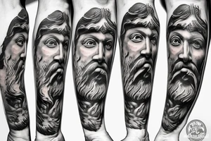 A statue of Poseidon splintering his face and under it is an old man tattoo idea