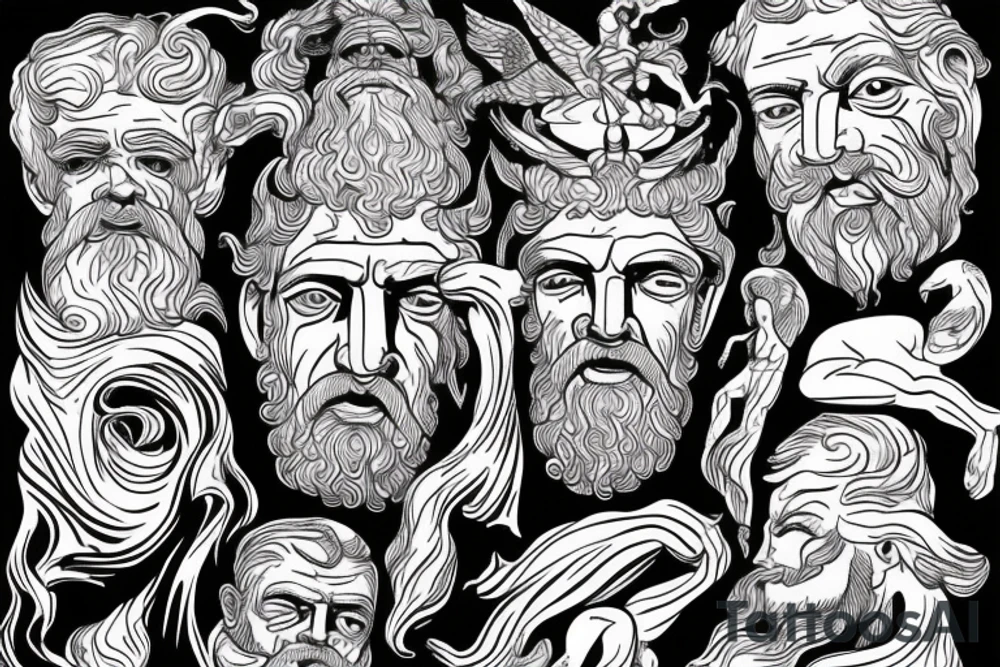 A statue of Poseidon splintering his face and under it is an old man tattoo idea