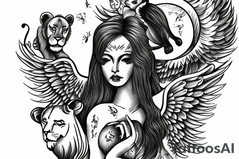 Guardian Angel Protecting two lion cubs tattoo idea