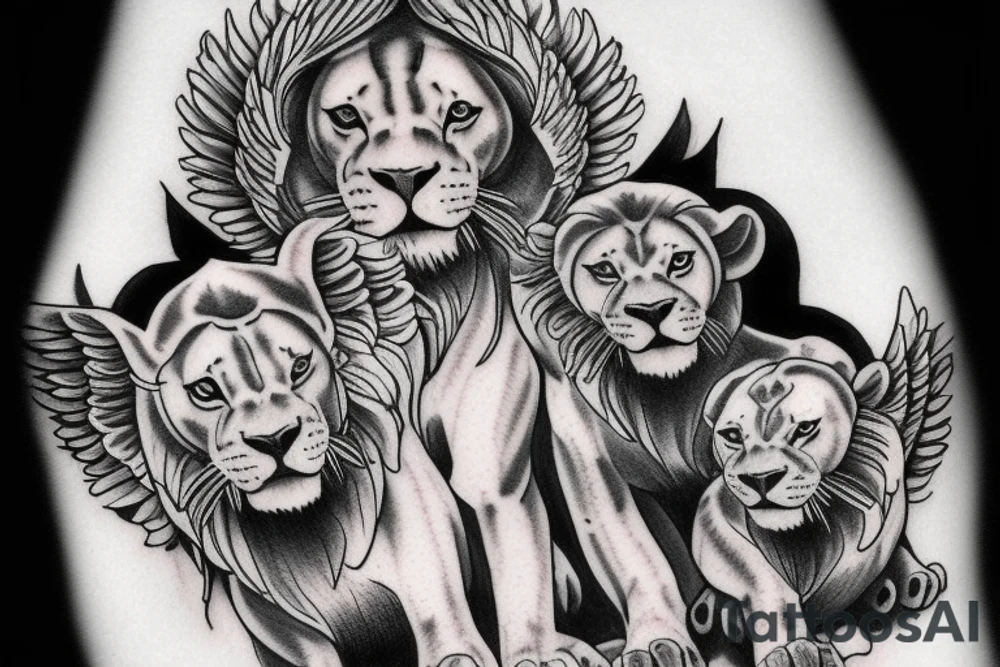 Guardian Angel Protecting two lion cubs tattoo idea