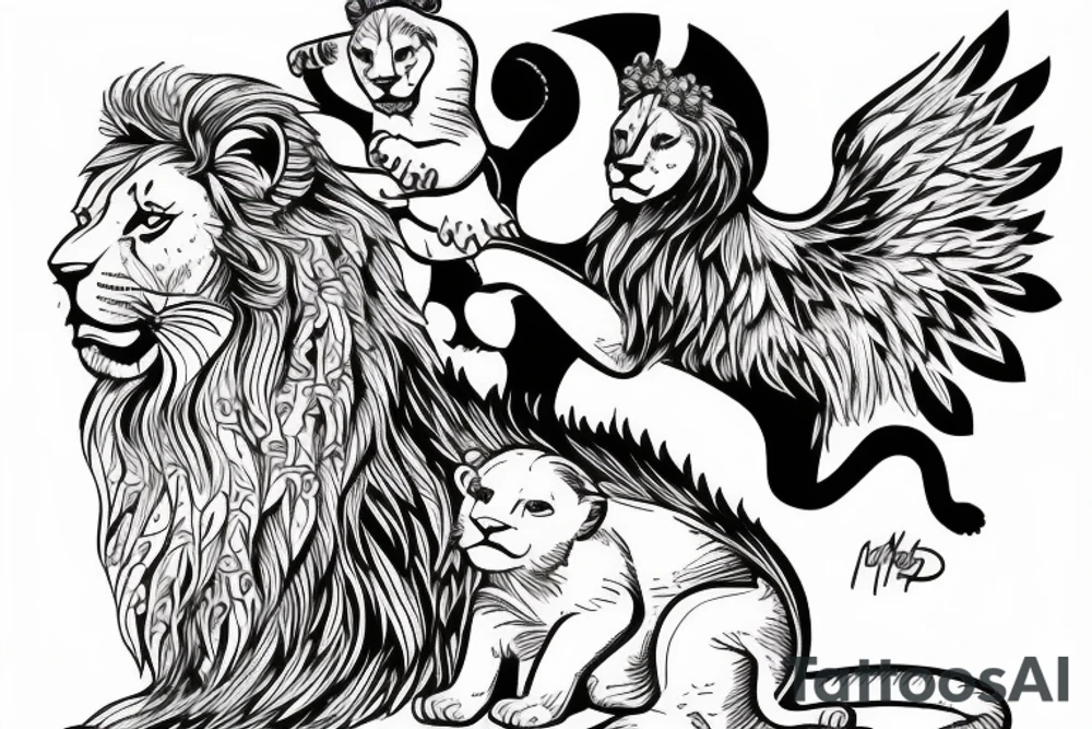 Guardian Angel Protecting two lion cubs tattoo idea