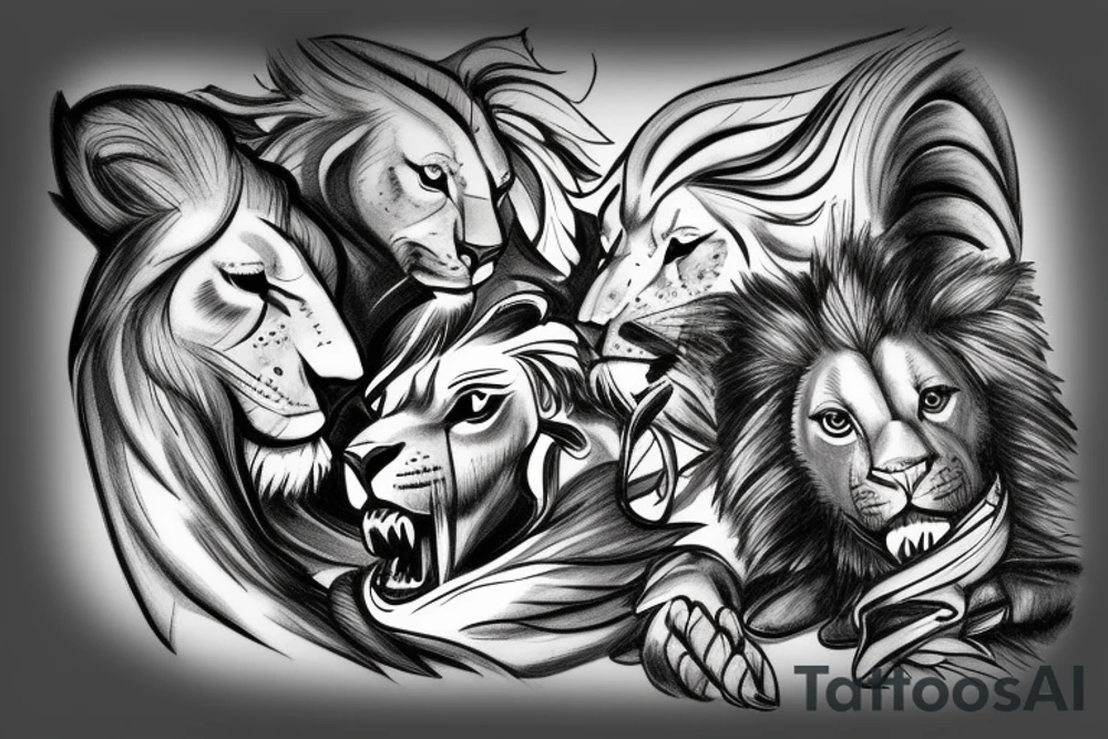 Archangel protecting two lion cubs tattoo idea
