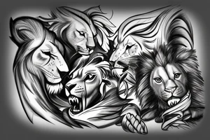 Archangel protecting two lion cubs tattoo idea