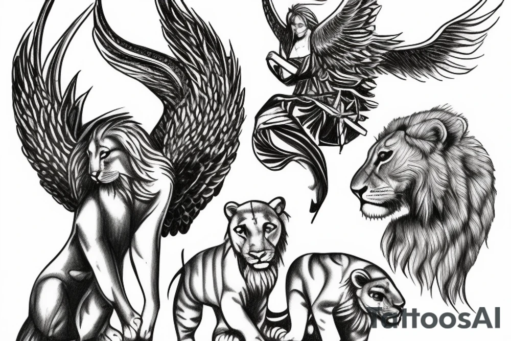 Archangel protecting two lion cubs tattoo idea