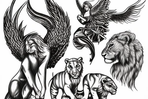 Archangel protecting two lion cubs tattoo idea