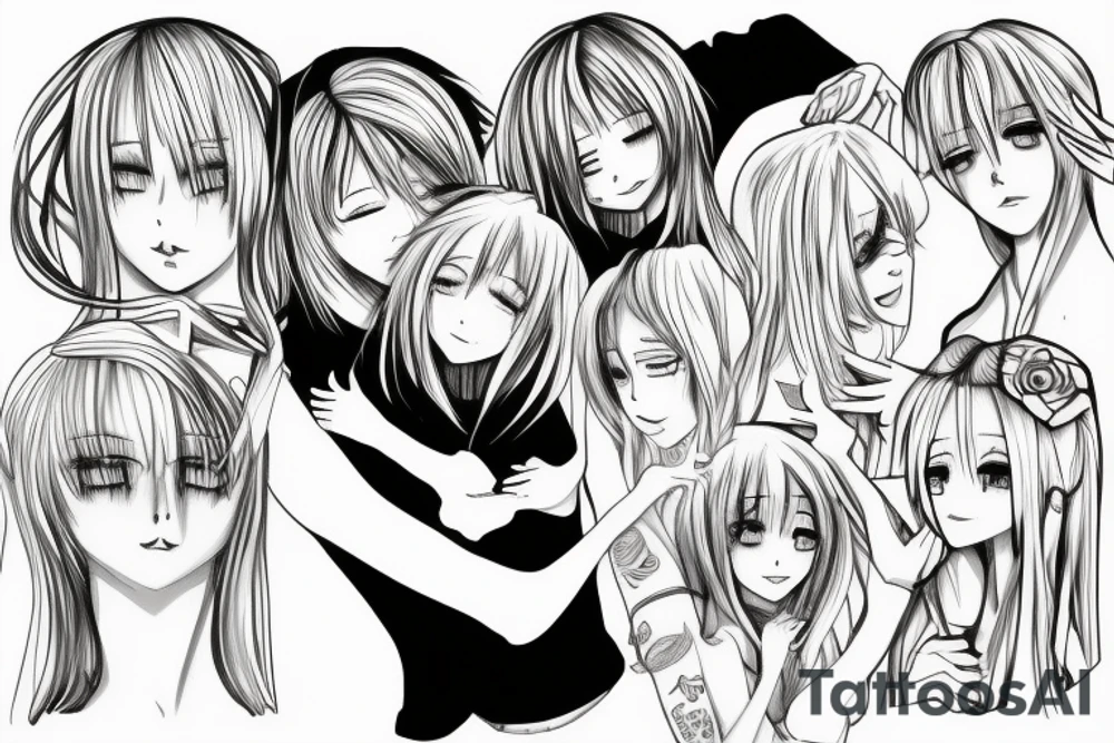 Skinny blonde boy hugs anime girl tattoo idea