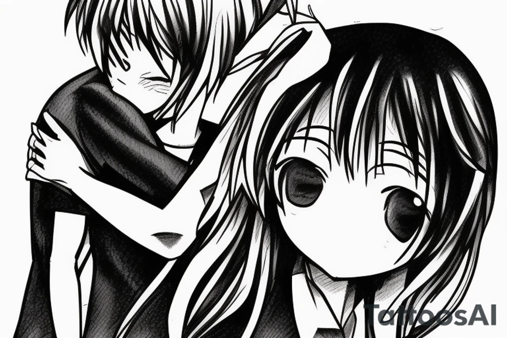 Skinny blonde boy hugs anime girl tattoo idea