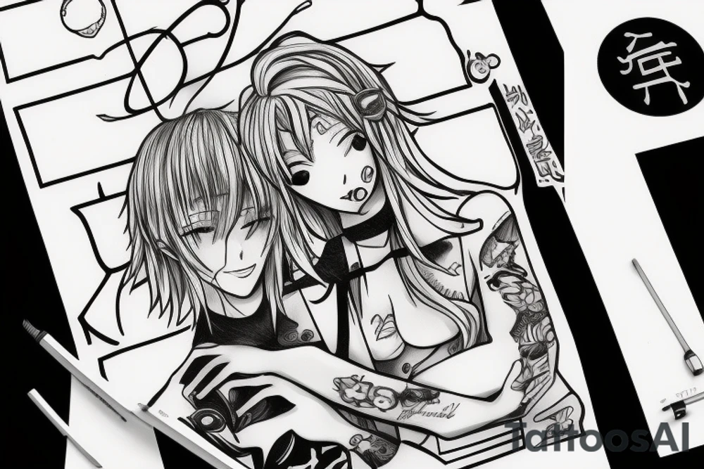 Skinny blonde boy hugs anime girl tattoo idea