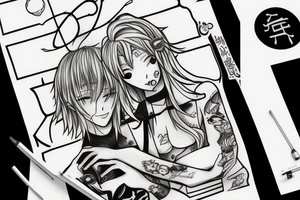 Skinny blonde boy hugs anime girl tattoo idea