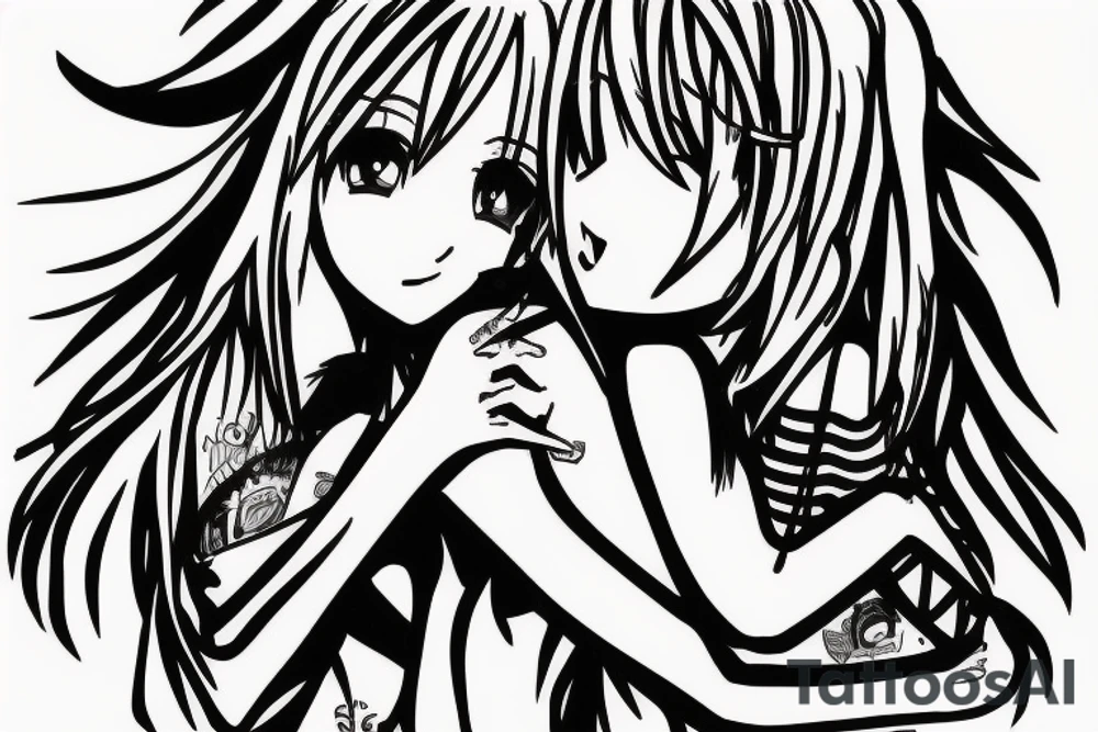 Skinny blonde boy hugs anime girl tattoo idea