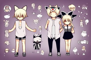 A skinny blond boy hugs an anime girl who is smaller than him in height and has short hairstyles and cat ears tattoo idea