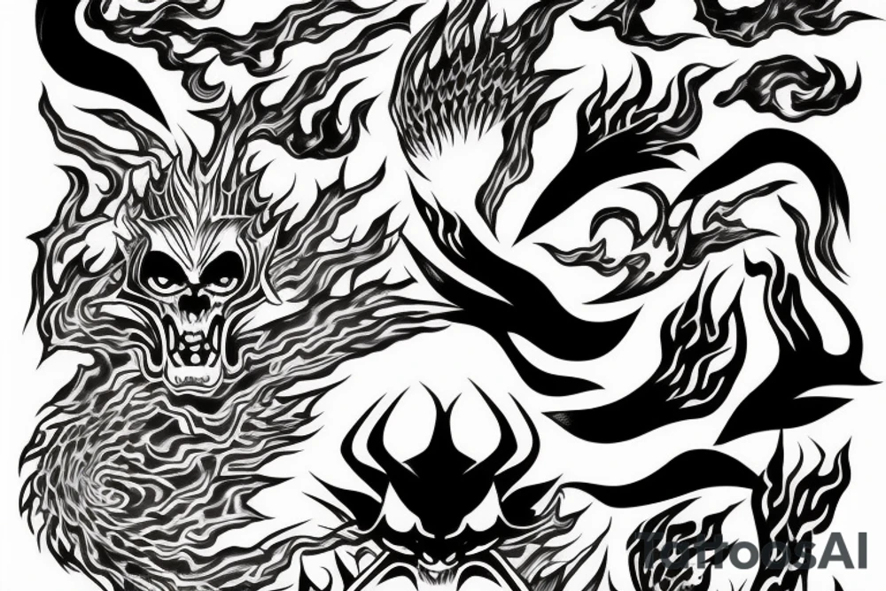 Japanese demon with fire aura in tattoo idea