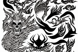 Japanese demon with fire aura in tattoo idea