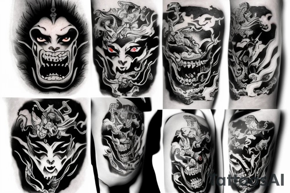 Japanese demon with fire aura in tattoo idea