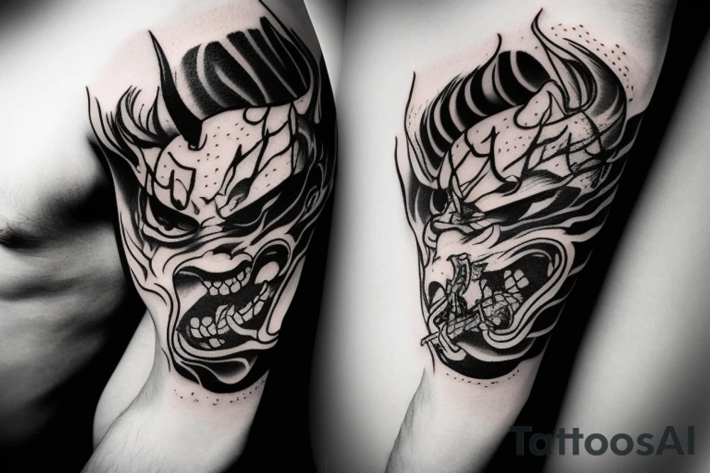 Japanese demon with fire aura in tattoo idea