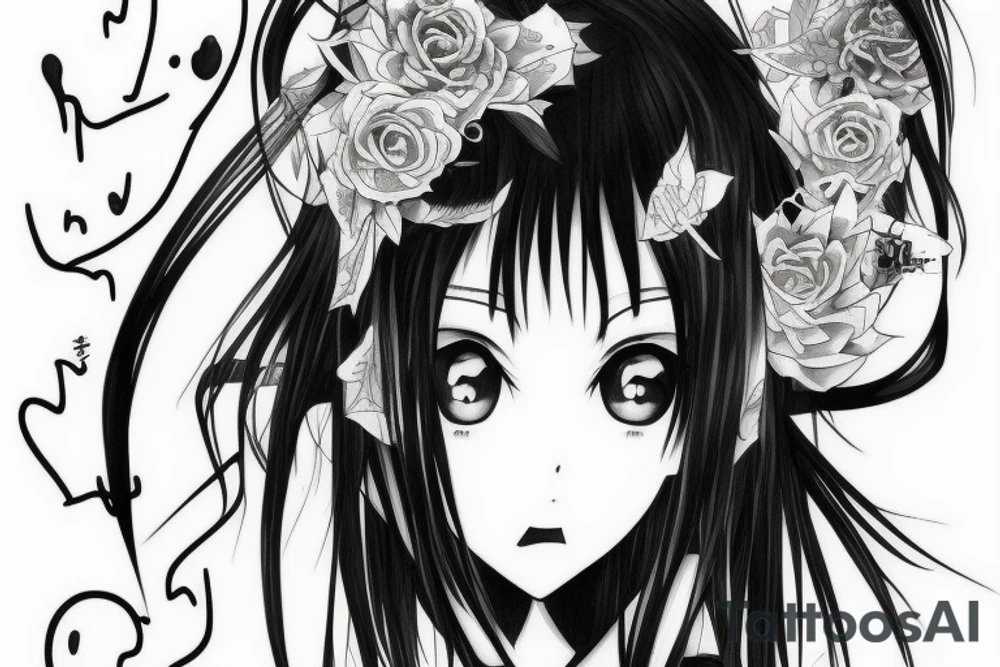 A strange anime girl dressed in black clothes with loose hair and seductive eyes tattoo idea