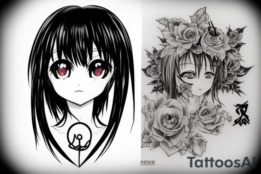 A strange anime girl dressed in black clothes with loose hair and seductive eyes tattoo idea