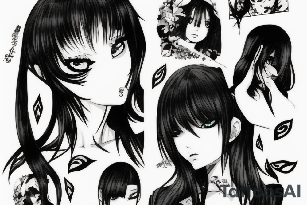 A strange anime girl dressed in black clothes with loose hair and seductive eyes tattoo idea