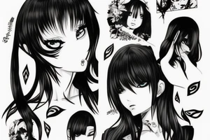 A strange anime girl dressed in black clothes with loose hair and seductive eyes tattoo idea