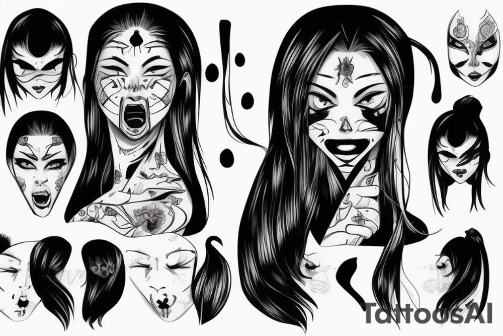 A girl with long dark hair, split personality, psycho eyes and a samurai mask in her right hand tattoo idea